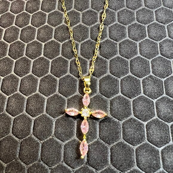 Venice By The Sea Jewelry Jewelry - Pink Crystal Cross Necklace 18K Yellow Gold Plated